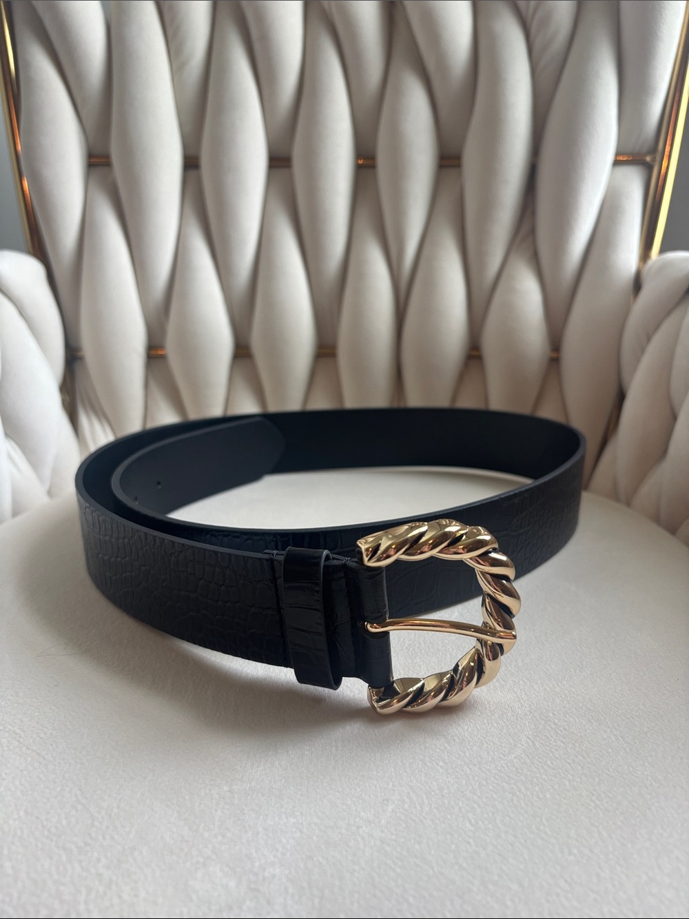 Express Black Leather Belt with Twisted Gold Buckle